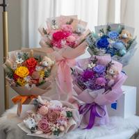 Lovebay Nouveau Design Roses Éternelles en Gros Bouquet de Roses Éternelles avec Ours Bouquet de Fleurs Éternelles pour la Fête des Mères