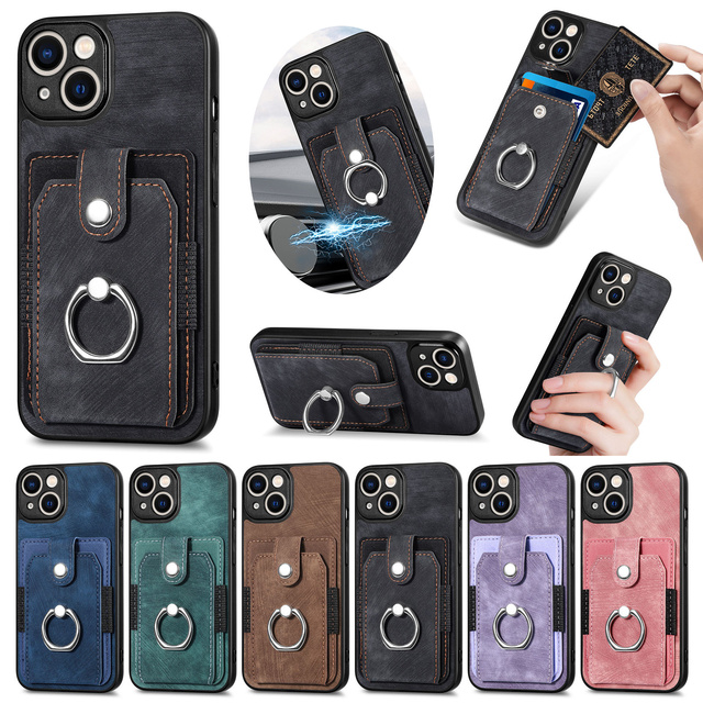 Fashion PU Leather Phone Case for iPhone 15 Pro Max 14 13 12 Mini 11 XR X 8 7 Plus Credit Card Holder With Ring Wallet