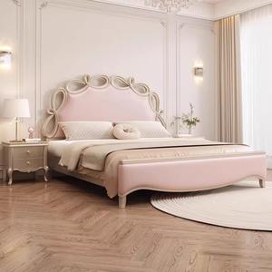 Cama de princesa de cuero genuino con lazo <span class=keywords><strong>rosa</strong></span> americano crema francesa de 1,8 m cama doble de madera maciza de lujo ligera para segunda cama suave - Product Image 1