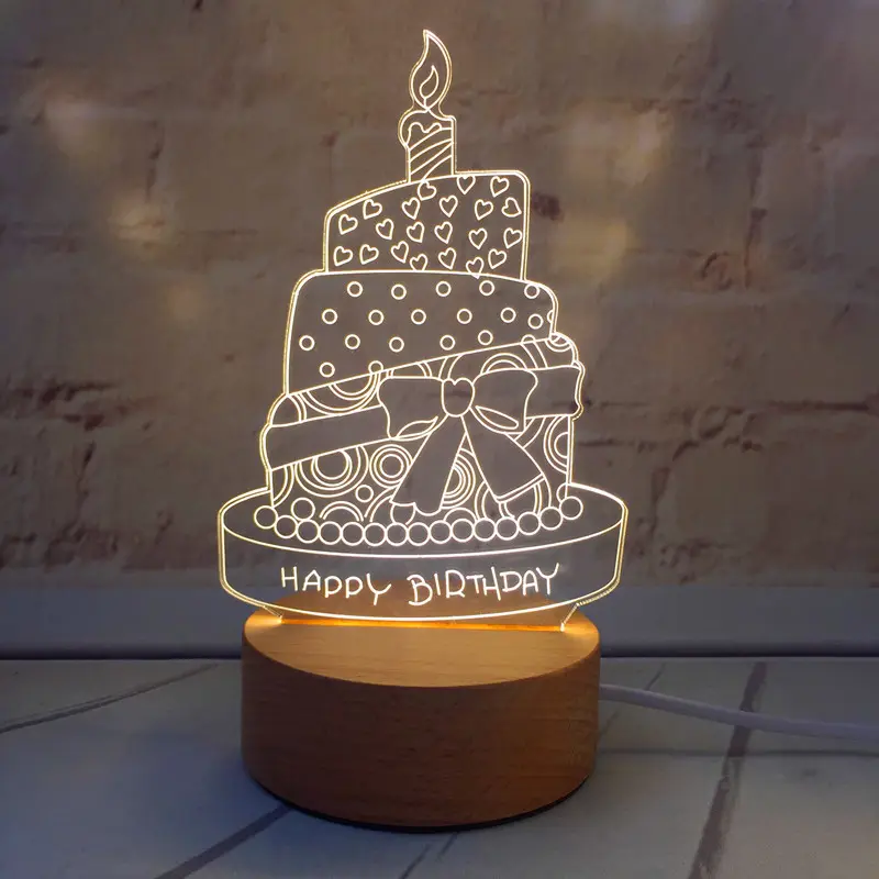 Cơ Sở Gỗ 7 Màu Sắc Thay Đổi Cảm Ứng Tâm Trạng Đèn Quà Giáng Sinh Hạnh Phúc Bánh Sinh Nhật Chủ Đề 3D LED Ánh Sáng Ban Đêm