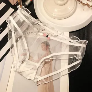 Mutandine Sexy Trasparenti da Donna con Fiocco Rosa, Slip in Cotone, Biancheria Intima Femminile Traspirante in Rete con Bordi Ondulati e Dettagli Traforati - Product Image 5