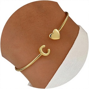 Handmade Style Gold Heart and Moon Cuff <b>Bracelet</b> Open Adjustable Minimalist <b>Boho</b> Fashion Jewelry for Women Wholesale Gift - Product Image 1