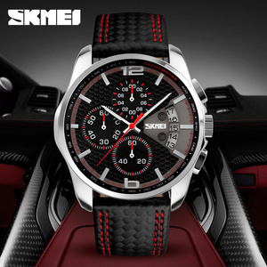 Montre chronographe ronde pour homme, bracelet en cuir de luxe, montre à quartz étanche 30M, montres en gros - Product Image 3