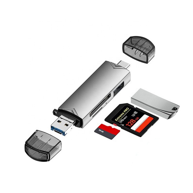 Cantell New 2023 All in One Aluminium Alloy Usb 6 In1 Usb 3.0 Type c Micro Otg Usb Tf Sd Card Reader with Retail Box Packaging