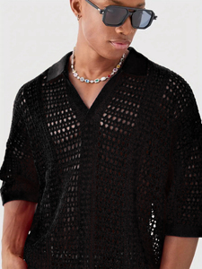 Polo en maille crochetée rouge pour homme, chemise décontractée à manches courtes et col en V ajouré, hauts noirs pour homme, vente en gros - Product Image 2