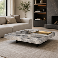 Table basse moderne en marbre brun de Venise, grande et carrée, avec plateau à thé intégré, pour salon, meubles de maison, base en acier inoxydable