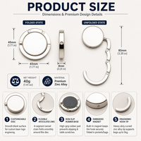Crochet de table pliable circulaire en alliage de zinc avec logo personnalisé, sérigraphié, couleur personnalisée, logo personnalisé, plaqué argent, vente en gros