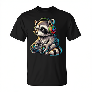 Camiseta Gaming Raccoon negra de manga corta con cuello redondo y estampado digital para jugadores y amantes de los mapaches, ropa para adultos para hombre - Product Image 2