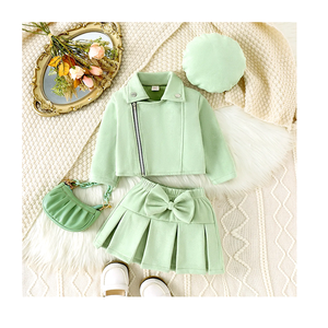 Luxus Mädchen Set Revers Langarm Jacke Pure Cotton Bow Falten rock <span class=keywords><strong>3</strong></span>-teiliges Set Winter Set Warme Kinder kleidung - Product Image 1