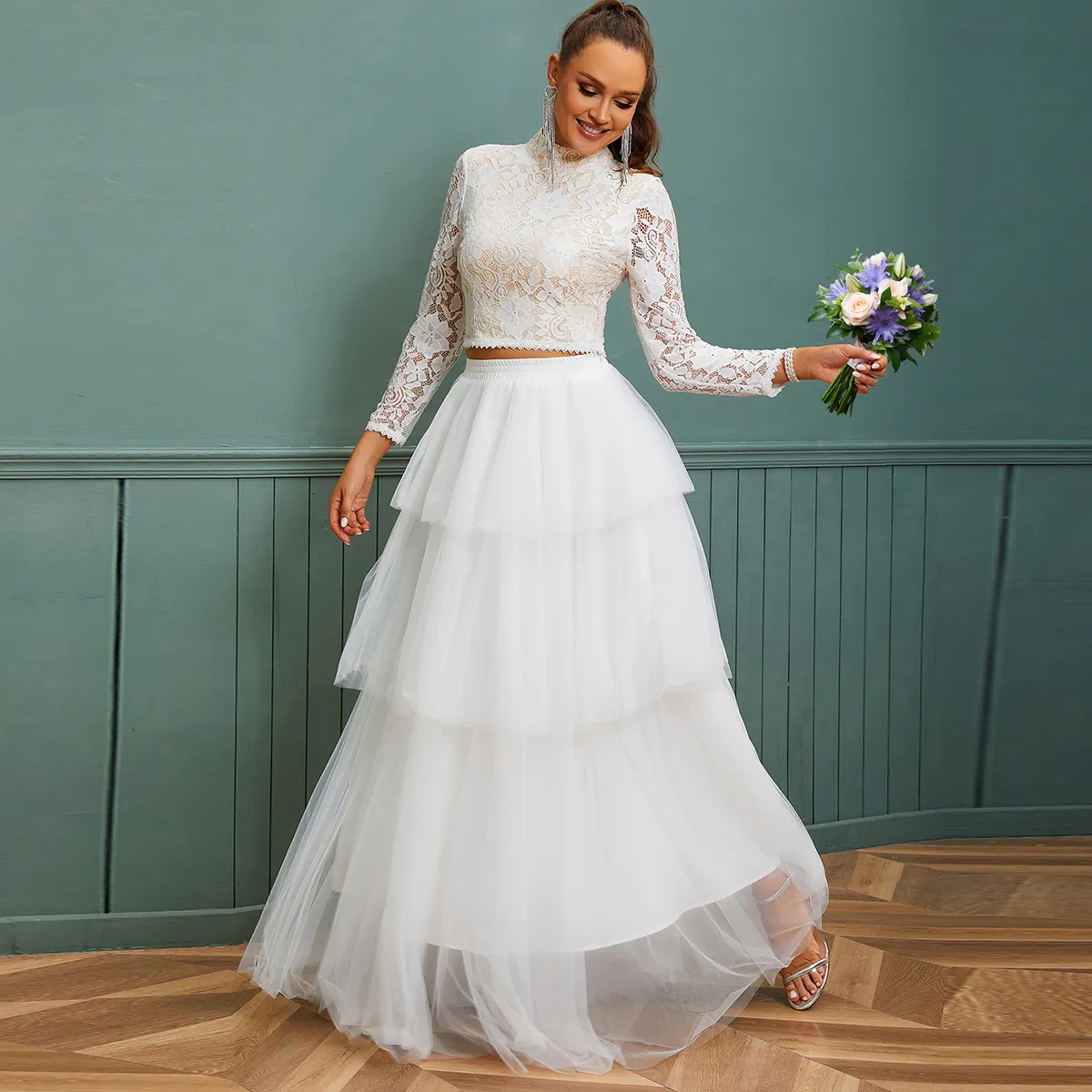 High Neck Long Sleeve Lace Extended Multi Layer Mesh Design Two Piece Wedding Bridal Gown