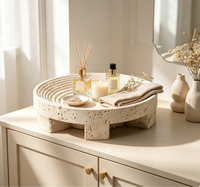Plateau de rangement rond en travertin naturel fait main, style Wabi Sabi, pour la décoration intérieure