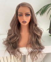 Cabello Virgen Remy Europeo de Alta Calidad Kingdom, Ondulado Natural Largo, Rubio Ceniza con Base Marrón, Encaje Frontal para Línea de Cabello Natural HD
