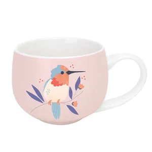 Round Cute Ceramic Mug Factory Direct Colorful Glaze Porcelain Cup With Bird Decal Custom Mugs Ceramic For Kids For Gift