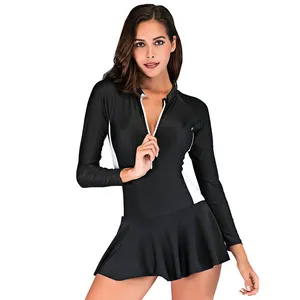 Sbart Long Sleeve Swimming Suit Black Swim Dress Front Zip One Piece Swimwear For Swimming