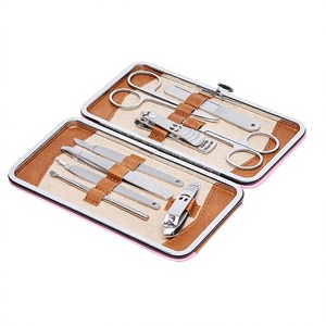 <b>Pink</b> Leather Manual Manicure Set with 9 Stainless Steel <b>Tools</b> CE Certified Class I for Nail Care and Grooming - Product Image 5