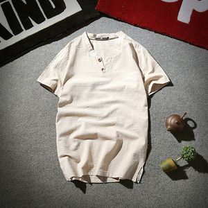 T-shirt d'été à manches courtes en coton et lin mélangé T-shirt boutonné T-shirt pour hommes doux et respirant T-shirts solides - Product Image 3