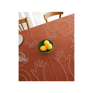 Luxurious Lite Beige New Arrivals Sustainable 100% Cotton Embroidered <b>Red</b> 8ft Tablecloth for Elegant Homes Modern Dining Tables - Product Image 5
