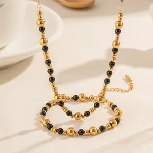 Ins Popular Bohemian 18K Gold Plated Moonlight Black Agate Beaded Gemstone Pendant Bracelet Necklace Set for Girls