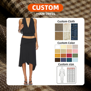 Completo Set 2 Pezzi Personalizzato OEM Nero da Donna: Top Corto Halter Senza Schienale e Gonna <span class=keywords><strong>Midi</strong></span> con Orlo Irregolare - Abito Estivo Sexy per Serate in Discoteca - Product Image 5