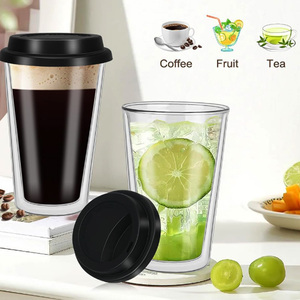 Taza de vidrio de doble pared resistente al calor, taza de café para llevar, vasos de aislamiento térmico con tapa de silicona negra a prueba de fugas - Product Image 3