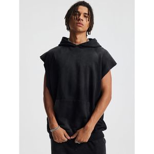 Camiseta sin mangas con capucha para hombre, estilo casual, lavada, de color liso, con bolsillo canguro, corte holgado - Product Image 2