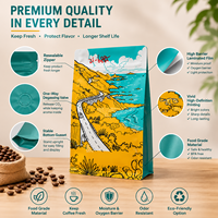Sacs d'emballage pour grains de café personnalisés en gros, pochettes à fond plat avec fermeture éclair et valve unidirectionnelle, sacs à café souples de qualité alimentaire