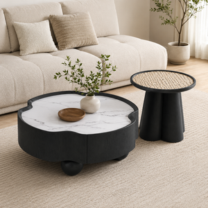Ensemble <span class=keywords><strong>de</strong></span> tables basses modernes irrégulières avec plateau <span class=keywords><strong>en</strong></span> marbre blanc et <span class=keywords><strong>table</strong></span> d'appoint <span class=keywords><strong>en</strong></span> <span class=keywords><strong>rotin</strong></span> pour salon - Product Image 3