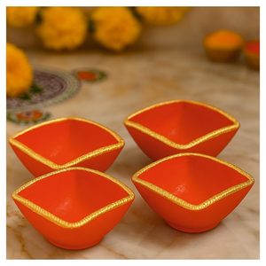 <b>Red</b> And Gold Square Shaped Terracotta Diyas Handcrafted Decorative Oil Lamps For Diwali Festive Home Decor Pack Of 4 - Product Image 1
