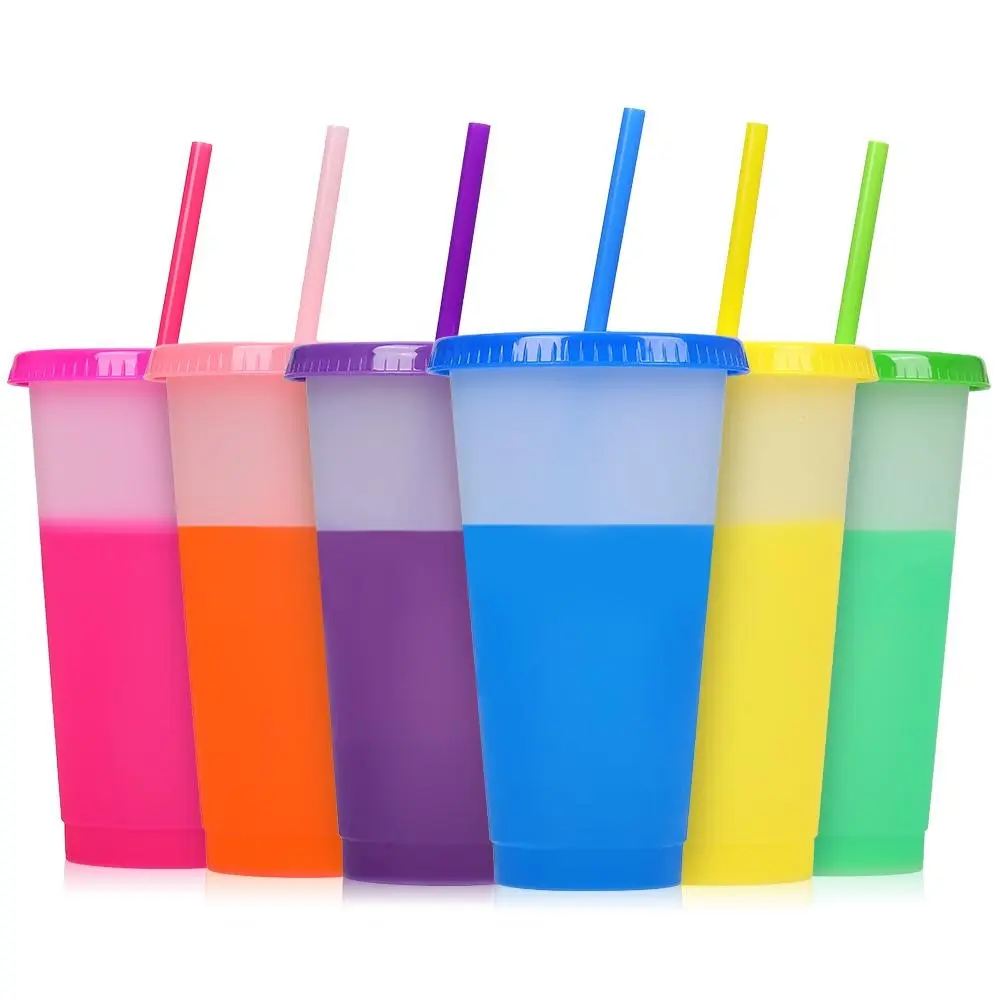 Mazoho 24oz BPA free Coffee Cup Plastic Cold Water Color Changing Cups With Lid and Straw