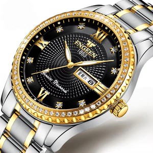 Fngeen S888 impermeable doble calendario semana fecha pantalla moda negocios luminoso completo oro diamante redondo gran esfera hombres Relojes - Product Image 6
