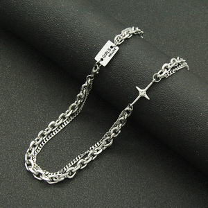 Men's and Women's Diamond-encrusted <b>Cross</b> Pendant, Long Double-layer Collarbone <b>Chain</b>, Hipster Nightclub Dancing Necklace - Product Image 2