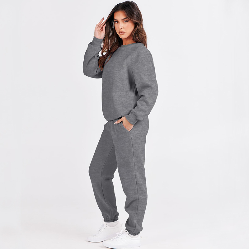 Custom Unisex Solid Long Sleeve Fleece Crewneck Sweatsuit Jogger Pant Winter Two Piece Outfits Pocket Lounge Sports Shirt Plus