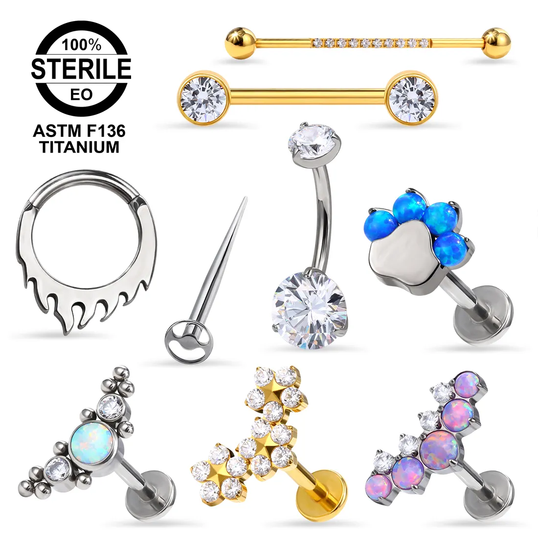 G23คริสตัลไทเทเนียมปลอดเชื้อ CZ f136 ASTM กระดุมท้อง labret หูจมูก tragus เจาะร่างกายแหวนสะดือเครื่องประดับสตั๊ด