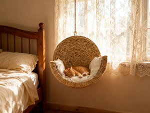 Lit pour chat en rotin artisanal écologique, forme de dôme, panier tissé pour animaux de compagnie, grotte, matériau en paille naturelle avec coussin amovible doux - Product Image 5