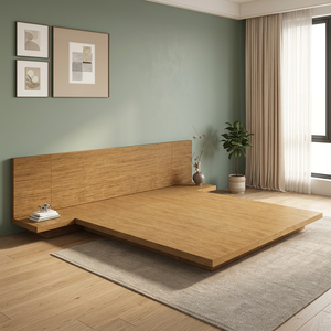 Modern Solid Oak Low Profile Floating Platform <b>Bed</b> <b>Frame</b> with Integrated Side Shelf Japanese Minimalist Bedroom Furniture - Product Image 2