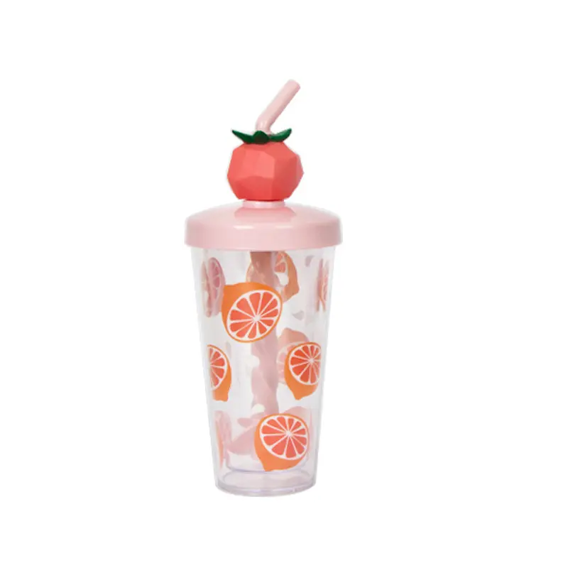 Wholesale BPA Free 16OZ Double Wall Plastic Water Straw Cup WIth Lid Fruit Shaped Tumbler Mugs Milk Shake Stirring Cup
