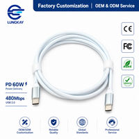 Câble USB-C vers USB-C LUNG KAY, fabrication OEM, 60W PD, charge rapide, durable, blanc, TPE, type C, pour smartphone, ordinateur portable, tablette