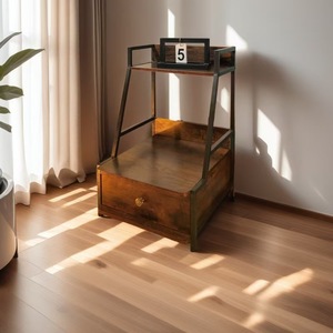 Antique-style ironwood bedside <b>table</b>, luxurious and high-<b>end</b> bedside <b>table</b> with steel and wood drawers, <b>storage</b> cabinet. - Product Image 1
