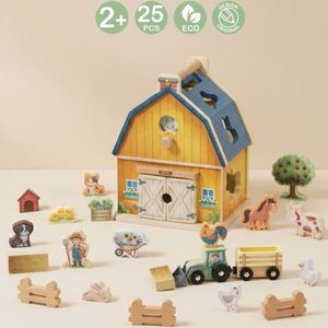 Wooden Farm House <b>Set</b> 25Pcs Red Barn <b>Building</b> Toy With Animals Horse Tractor <b>Blocks</b> Kit Game for Kids - Product Image 2