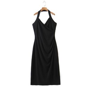 เดรสสายเดี่ยวคอปกสำหรับผู้หญิงไซส์ใหญ่ เอวธรรมชาติ สีดำ สีแดง โพลีเอสเตอร์ N8425 - Product Image 4