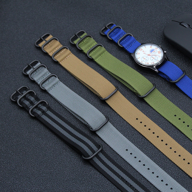 Custom Logo Heavy Ballistic Replacement 3rings Watch Band 18mm 20mm 22mm 24mm Sandblasted Black Buckle 4 Rings Nylon Watch Strap