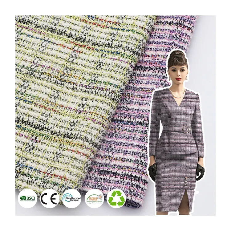 Individueller feiner Mantel Stoff 230 gsm Polyester Baumwolle Elasthan Rayon metallisch Schane-Stil Tweed gestrickter Stoff für Damenkleidung