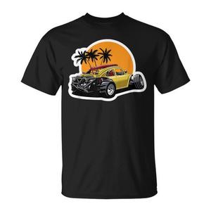 T-shirt Baja Bug noir avec design graphique de voiture, coucher de soleil, palmiers, vêtements décontractés pour hommes - Product Image 1
