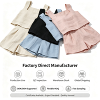 Ensemble deux pièces pour femmes VELAN avec logo personnalisé, tissu en lin blanc d'été, sans manches, ensembles décontractés pour femmes avec poche