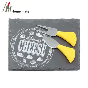 天然石板礼品标签22x16cm厘米矩形石板奶酪板，带奶酪刀和不锈钢叉