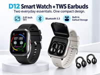 Jam Tangan Pintar D12 2 in 1 dengan Earbud TWS Clip, Layar Sentuh TFT 2,01 Inci, Bluetooth 5.3, Monitor Detak Jantung dan Tidur