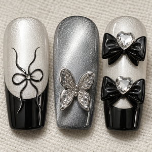 Hand Painted Black French Bow Dense Cat Eye Flash Zircon Rhinestone Sweet Cool White PMMA Almond Luxury Press on Nails Wholesale - Product Image 3