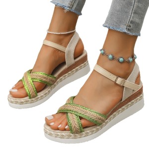 Women Cross Strap Thick Sole European and American Style Wedge Sandals Summer New Hemp Rope Large Sandals - Product Image 5