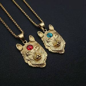 Collier Pendentif Tête de Loup Ice Field en Acier Inoxydable Plaqué Or et Argent avec Sertissage Lunette Œil Rouge et Bleu, Bijou Unisexe - Product Image 2
