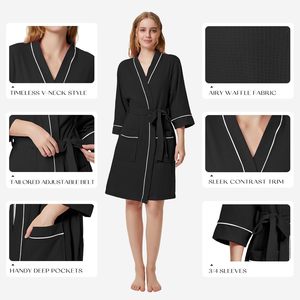 เสื้อคลุมวาฟเฟิลนิตสำหรับผู้หญิง คิโมโนสั้น เสื้อคลุมอาบน้ำน้ำหนักเบา มีกระเป๋า แขน 3/4 ชุดลำลองสำหรับสปาและอาบน้ำ - Product Image 4